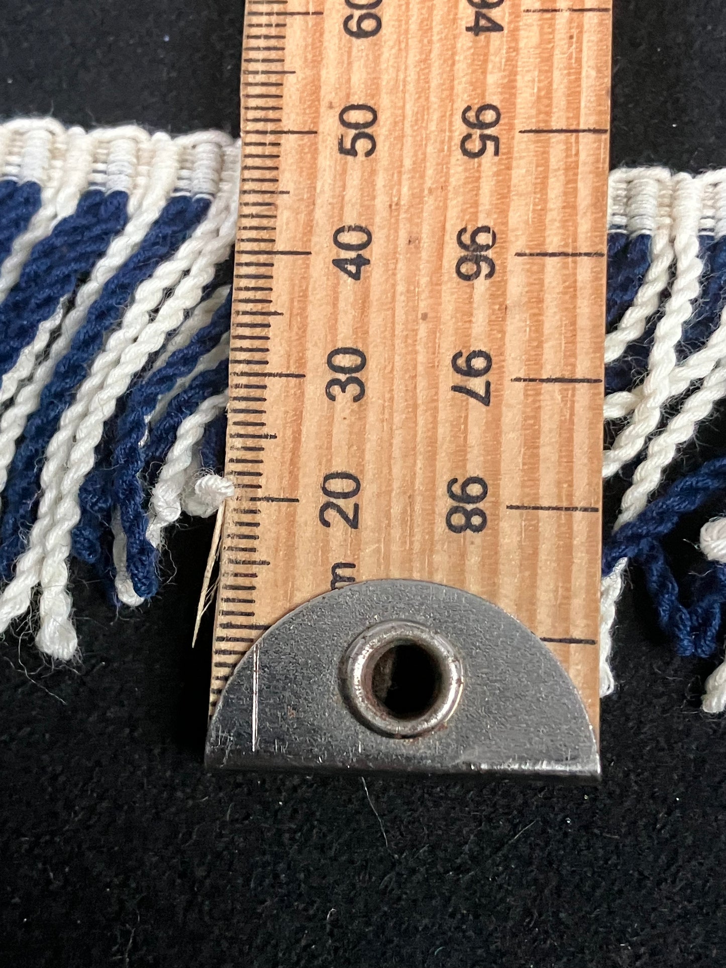 Natural Mohair fringing in blue and white sold by the meter