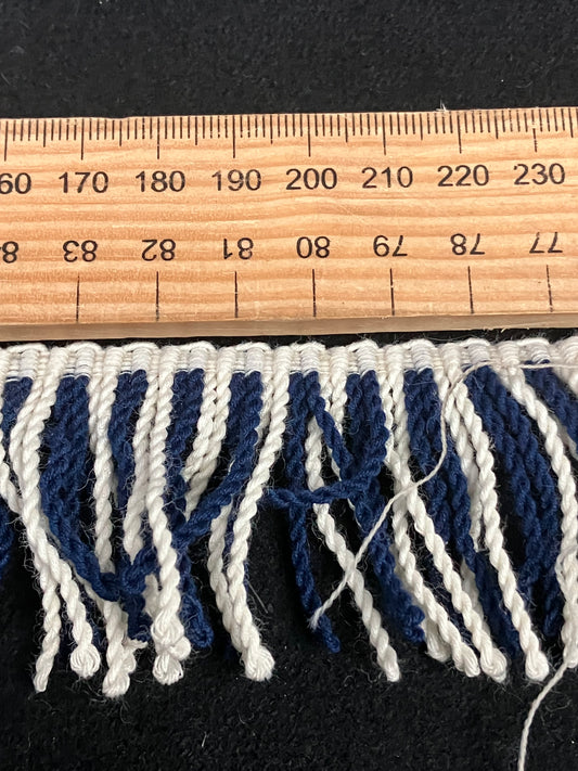 Natural Mohair fringing in blue and white sold by the meter